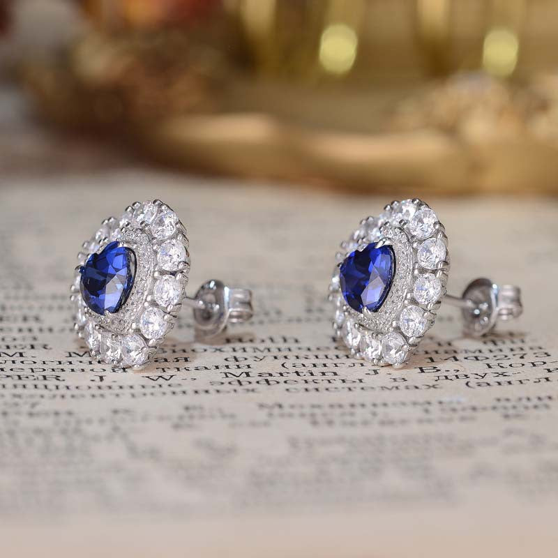 Lab-Created Sapphires 6*6mm Heart Shape Soleste Halo Silver Studs Earrings for Women