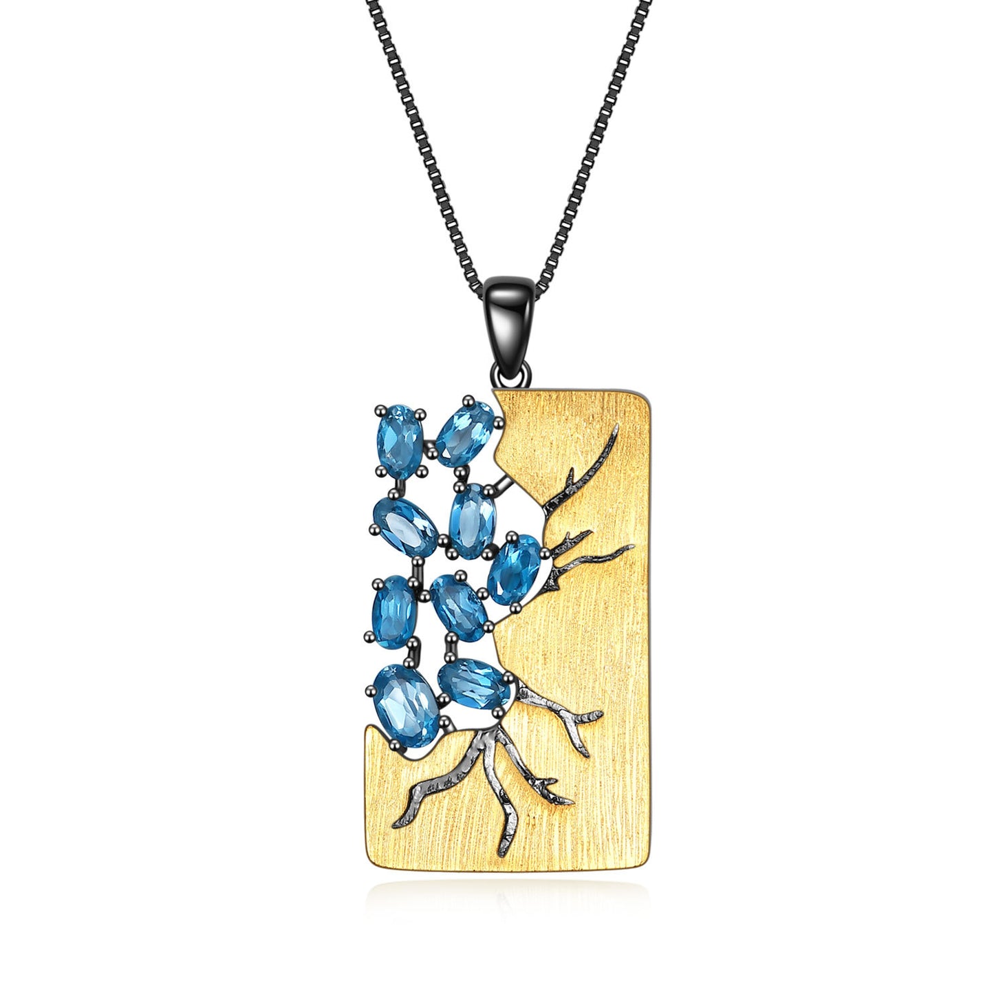 Italian Retro Jewelry Design Inlaid Natural Colourful Gemstone Branch Rectangle Pendant Silver Necklace for Women