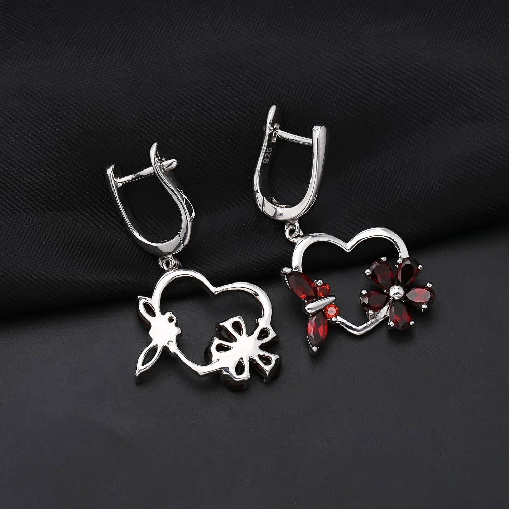 Natural Garnet Heart Shape with Butterfly and Flower Silver Drop Earrings for Women