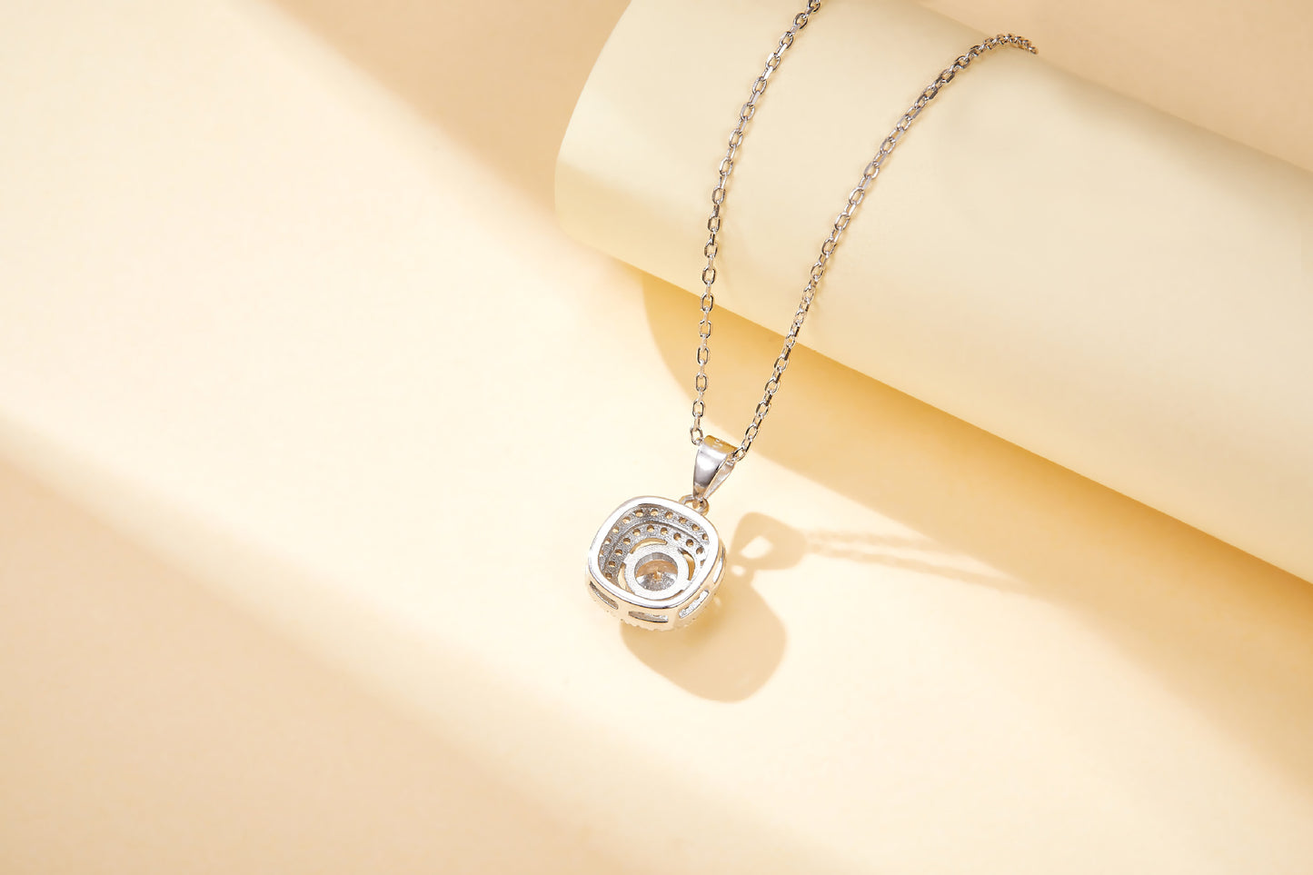 Arc Square Round Zircon Soleste Halo Pendant Silver Necklace for Women