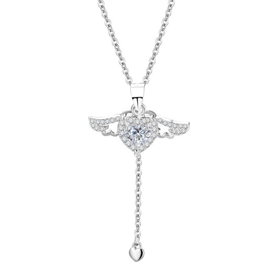(Two Colours) Zircon Cubitt Heart with Active Wings Pendants 925 Silver Collarbone Necklace for Women