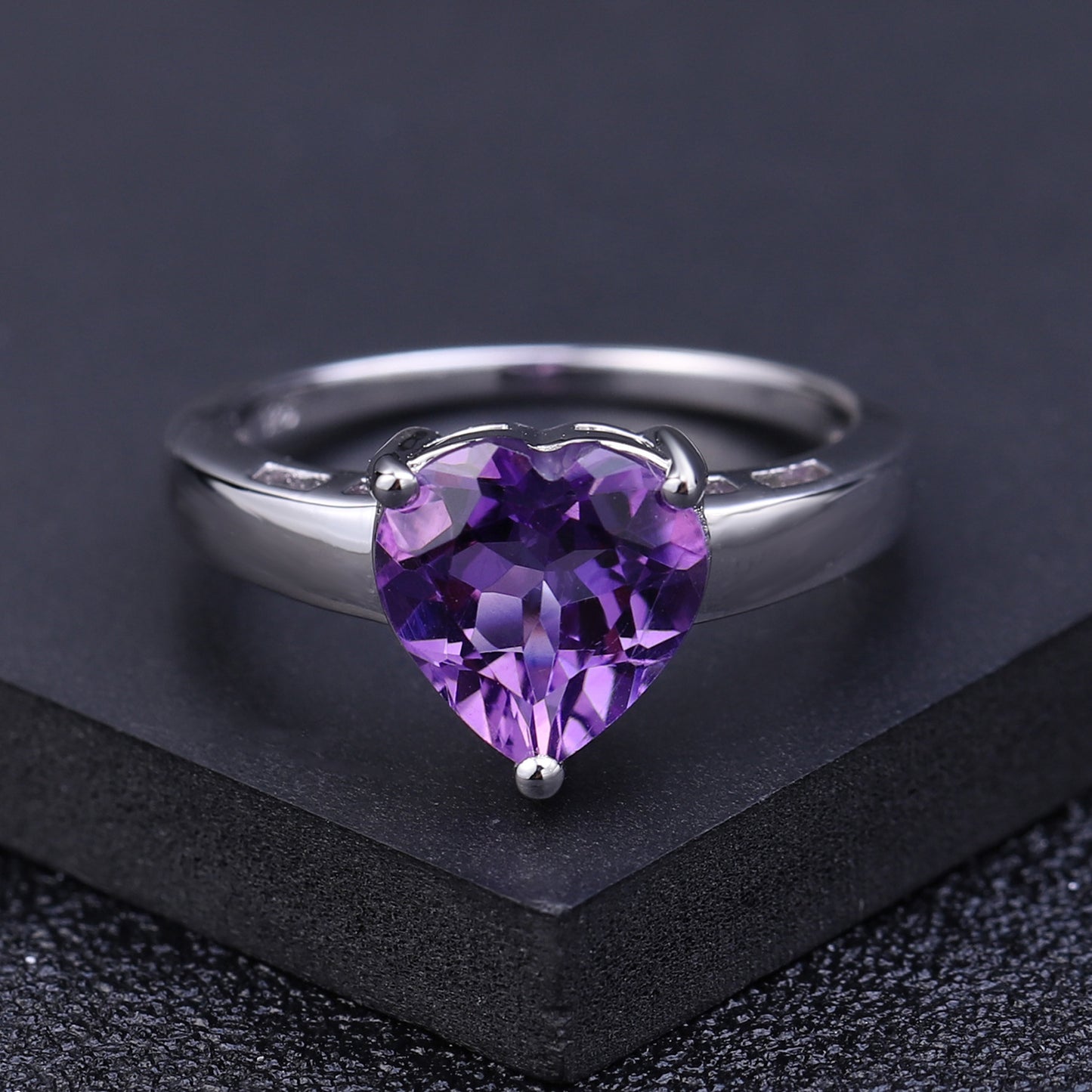 Natural Amethyst Heart Shape Solitaire Silver Ring for Women