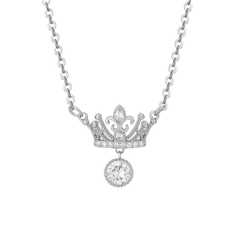Crown with Round Zircon Pendant Silver Necklace for Women