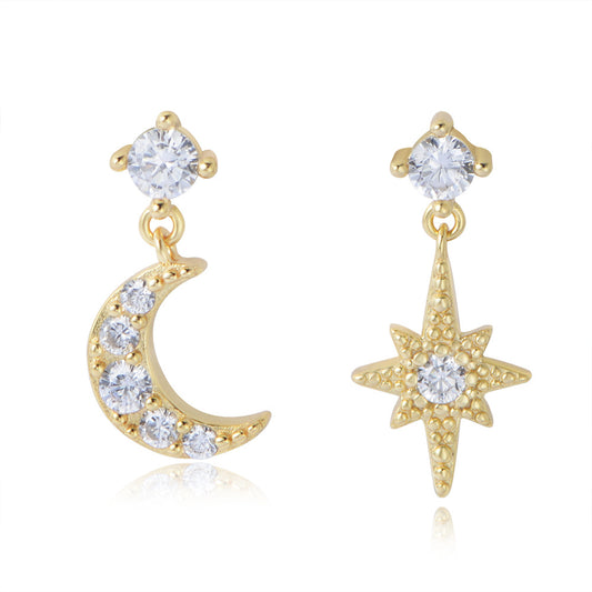 Zircon Star Moon Asymmetric Silver Drop Earrings for Women