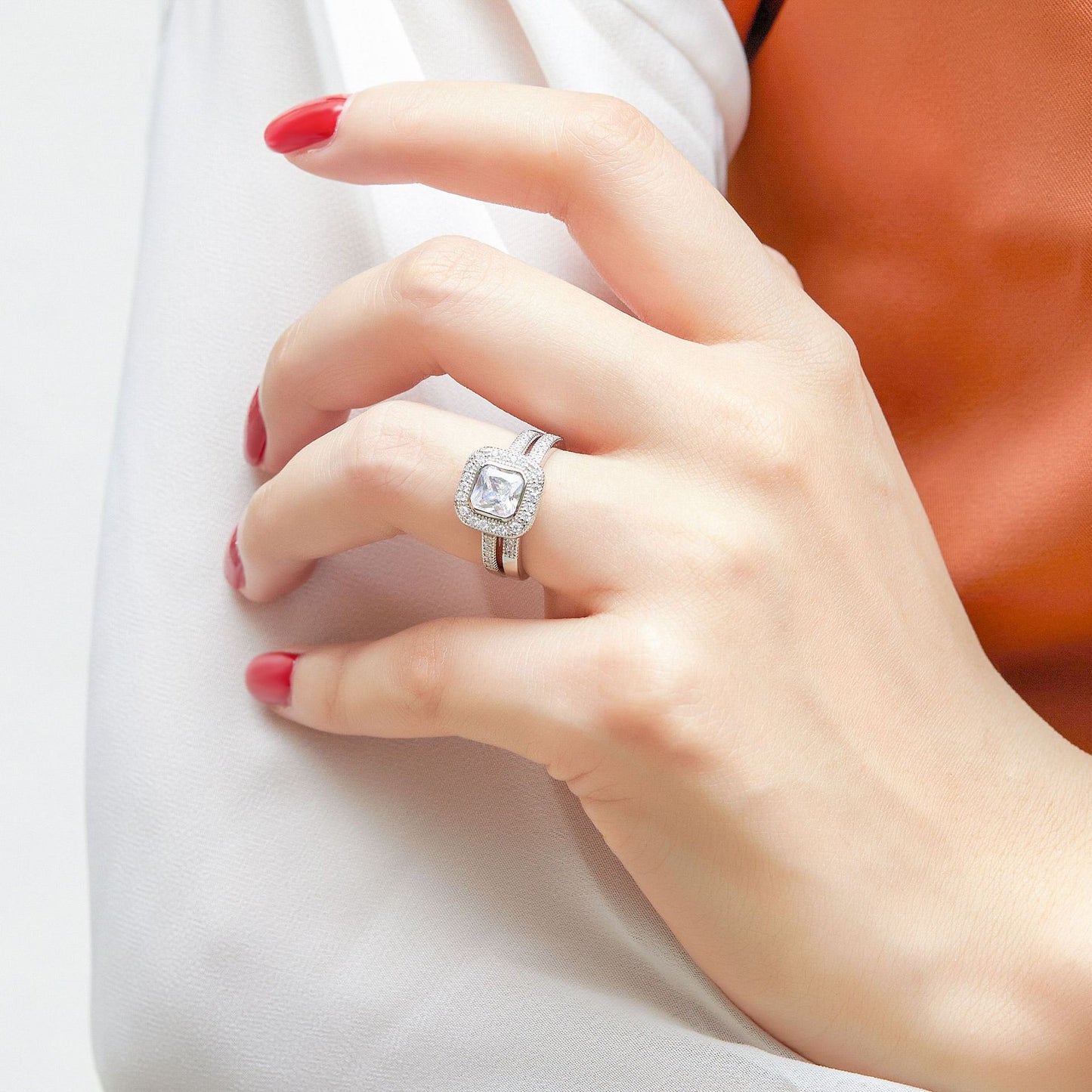 Princess Cut Zircon Soleste Halo with Half Eternity Silver Ring Set