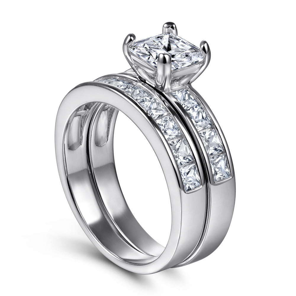 Princess Cut Zircon with Half Eternity Silver Ring Set