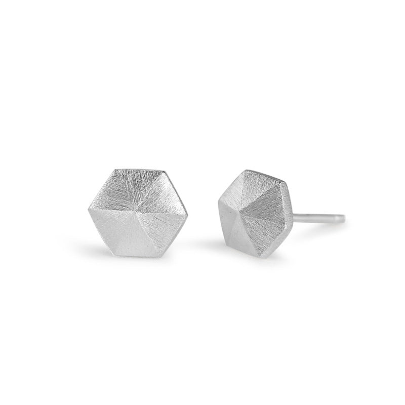 Brushed Stereoscopic Hexagon Silver Stud Earrings for Women