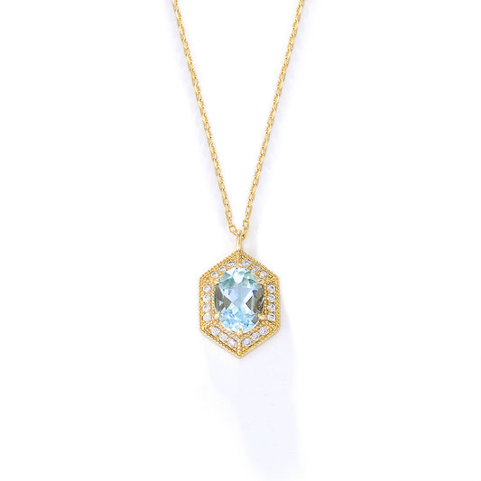 Retro Natural Sky Blue Topaz Soleste Halo Silver Necklace for Women