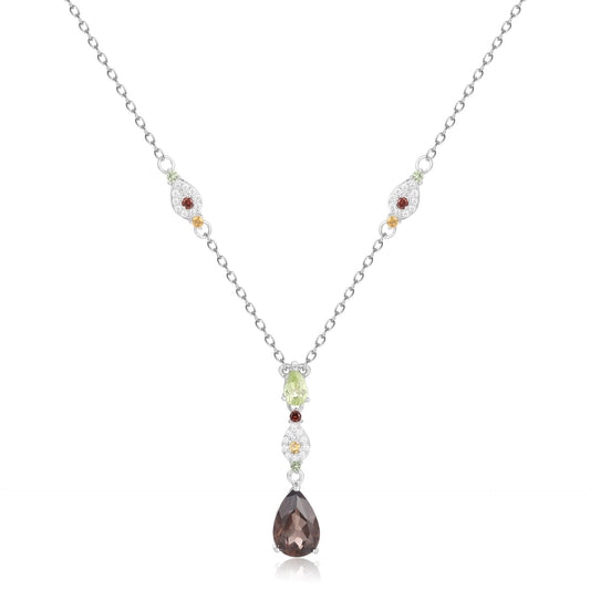 French Romantic Luxury Jewelry Design Inlaid with Natural Colourful Gemstone Pear Drop Pendant Silver Necklace for Women