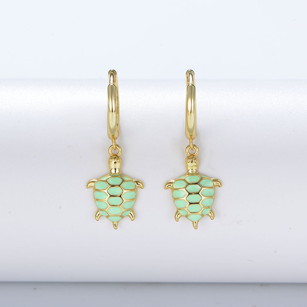 Enamel Glazed Green Turtle Silver Drop Earrings for Women