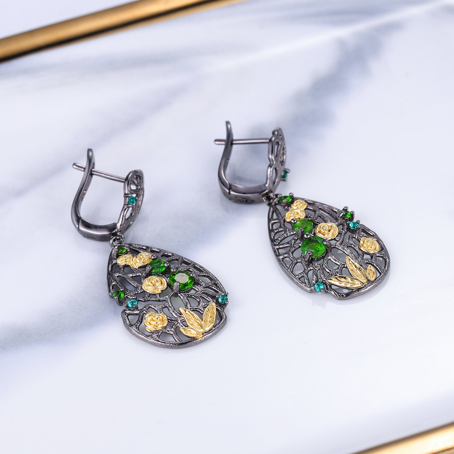 Vintage Elegant Style Inlaid Natural Colourful Gemstones Rose Garden Sterling Silver Drop Earrings for Women
