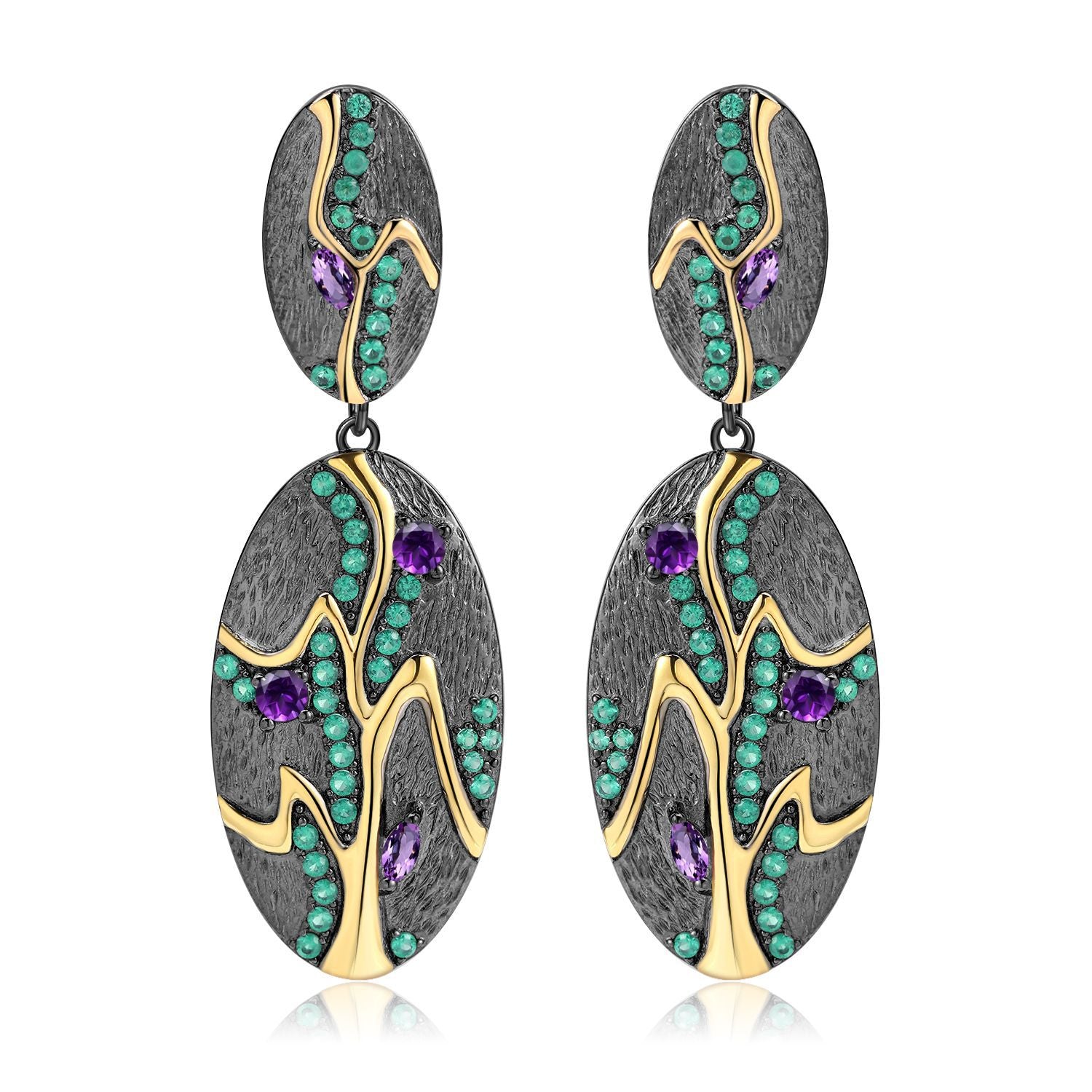 Italian Style Inlaid Natural Amethyst Tree Oval Shape Silver Drop Earrings for Women
