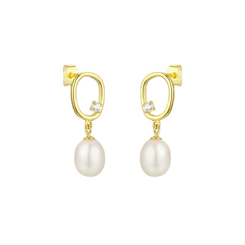 Irregular Hollow Oval with Freshwater Pearl Silver Drop Earrings for Women