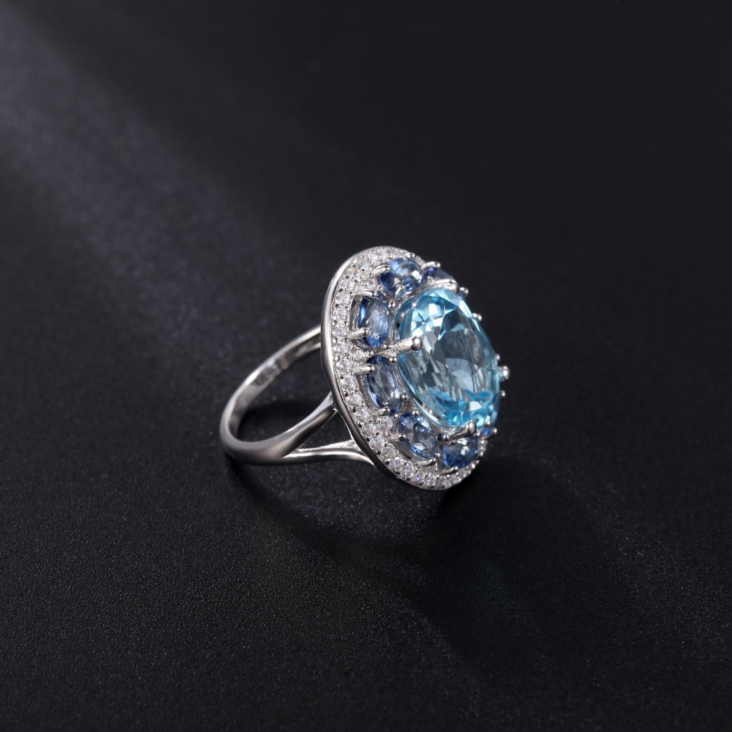 European and American Fashion Temperament  with Natural Topaz Soleste Halo Silver Ring for Women