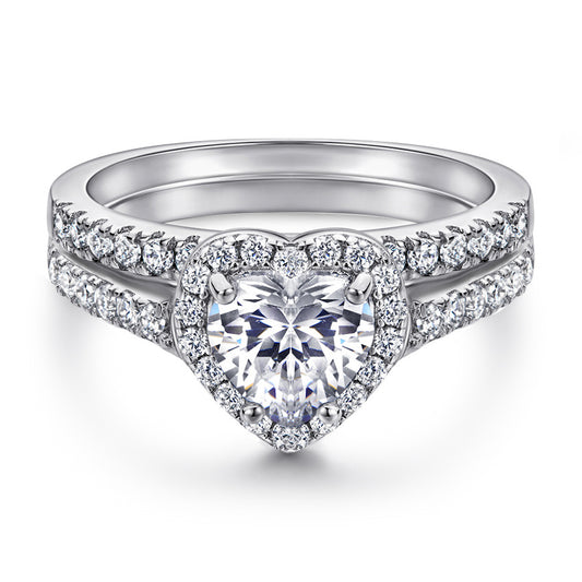 Heart-shape Zircon Soleste Halo with Half Eternity Silver Ring Set for Women