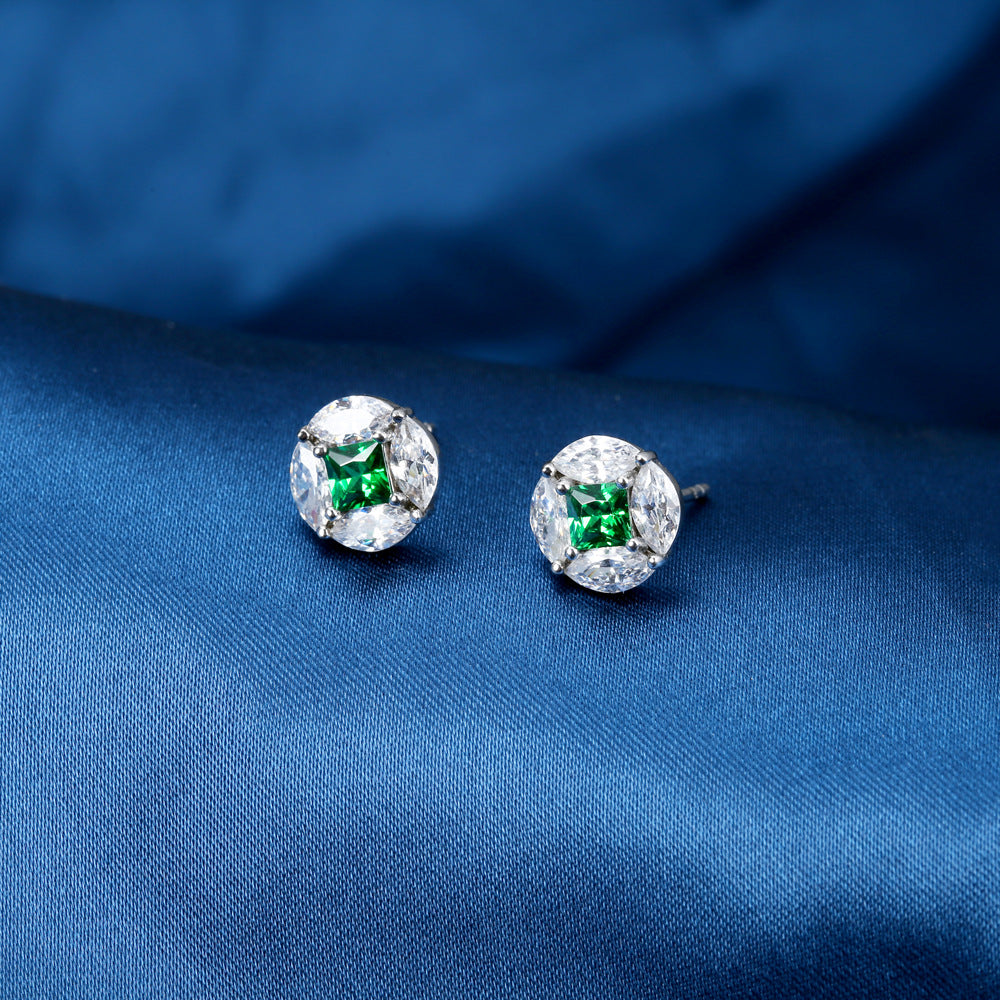 Princess Cut Green Zircon with Marquise Zircon Silver Studs Earrings for Women