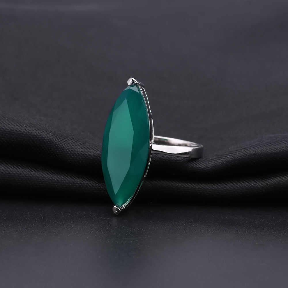 European and American Fashion Inlaid Horse Eye Natural Green Agate S925 Sterling Silver Ring for Women