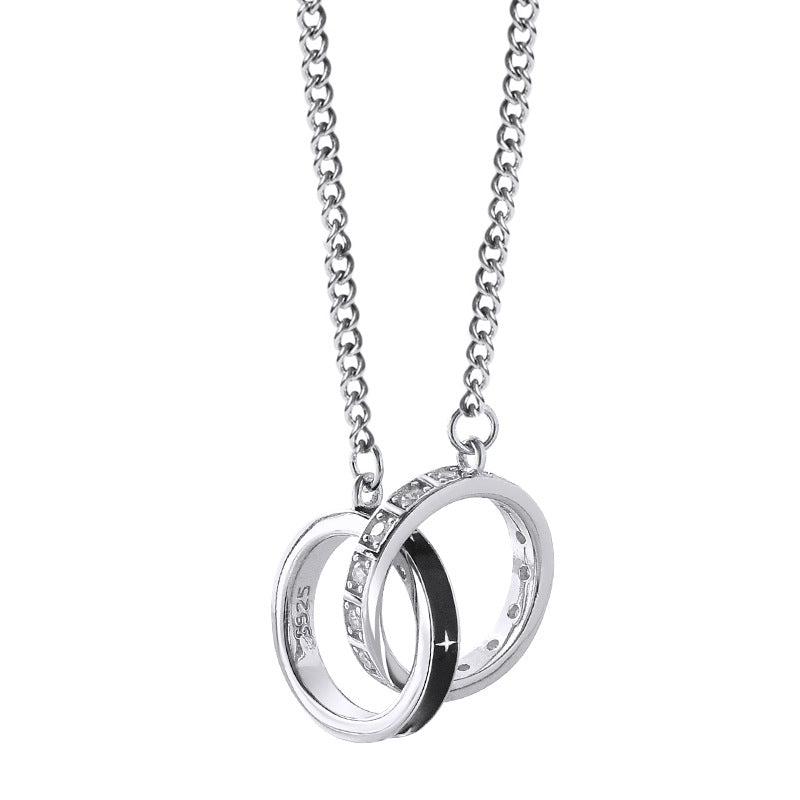 Double Circle Buckle Black Star Moon and Zircon Silver Couple Necklace for Women