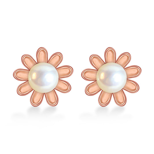 Freshwater Pearl Rose Gold Colour Flower Silver Stud Earrings for Women