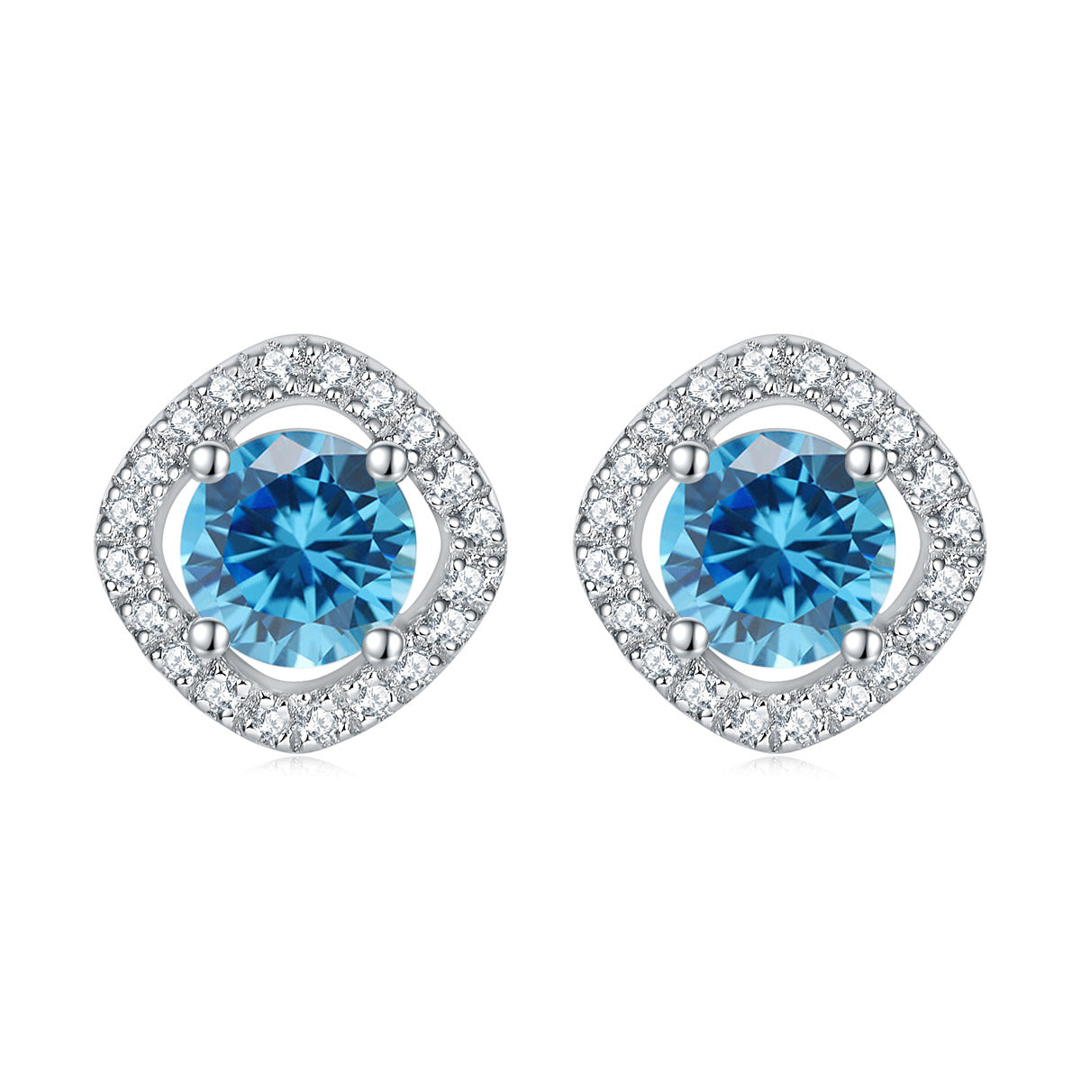 Round Zircon Square Soleste Halo Silver Studs Earrings for Women