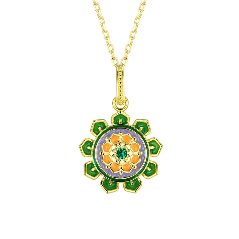 Lotus Pattern Series Green Zircon Enamel Pendant Silver Necklace for Women