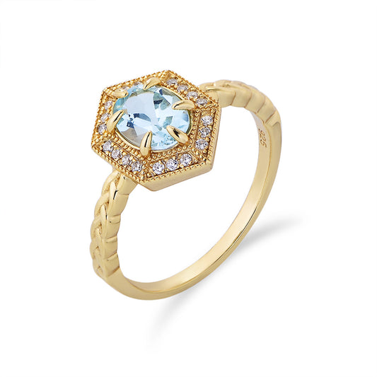 Sky Blue Topaz Luxury Hexagon Sterling Silver Ring for Women