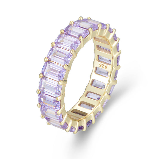 Hip-Hop Rectangular Colourful Zircon Beading Sterling Silver Ring for Women