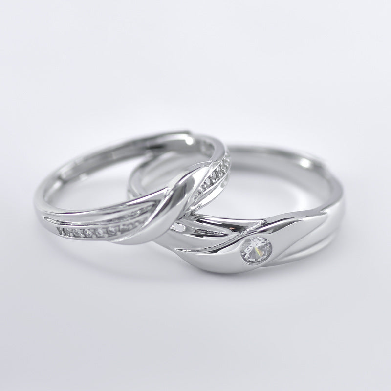 Irregular Wave Line with Zircon Silver Couple Ring for Women