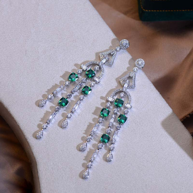 Lab-Created Emerald Tassels Silver Drop Earrings for Women
