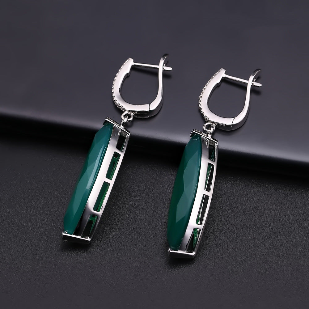 European Vintage Style Inlaid Green Agate Marquise Silver Drop Earrings for Women