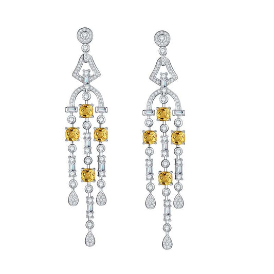 Yellow Natural Cystal Tassels Silver Drop Earrings for Women