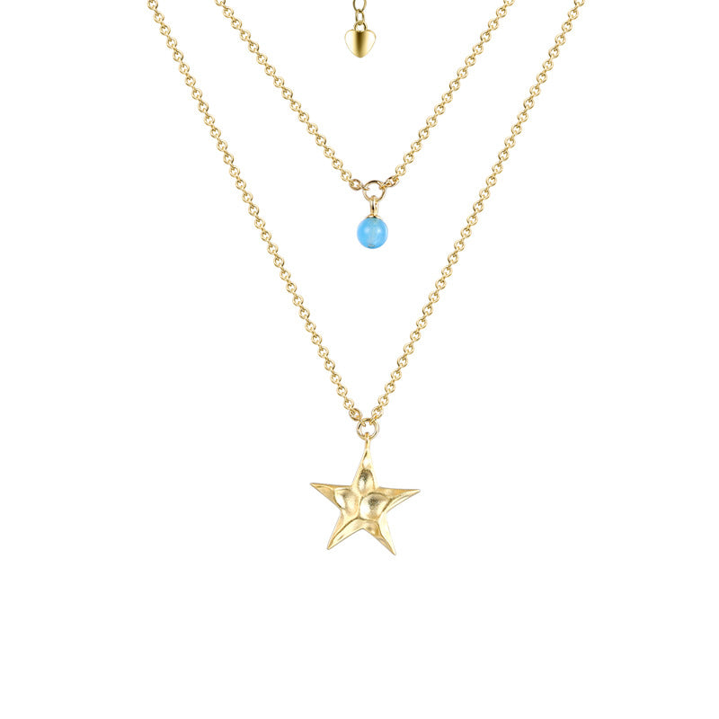 Star with Blue Bead Double Layers Silver Necklace for Women