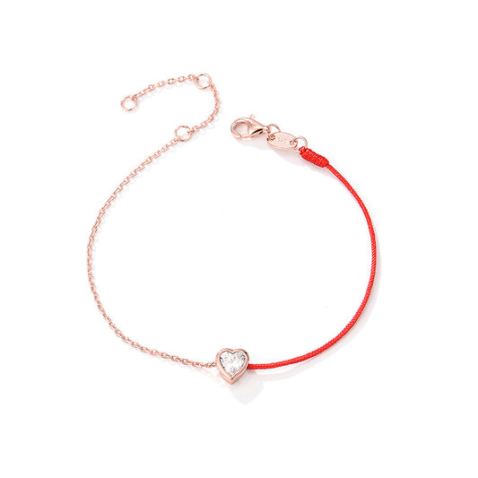 Heart-shaped Zircon Splice Red Rope Silver Bracelet  for Women