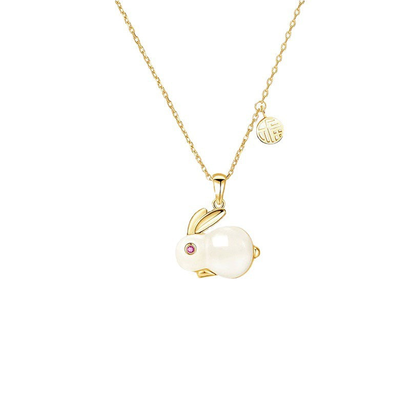 Nephrite Bunny Silver Necklace for Women