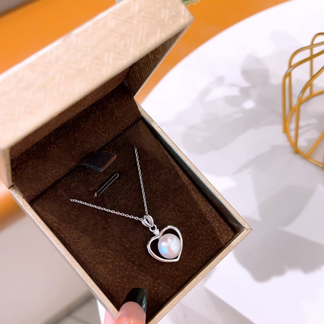 Hollow Heart with Round Pearl Pendant Silver Necklace for Women