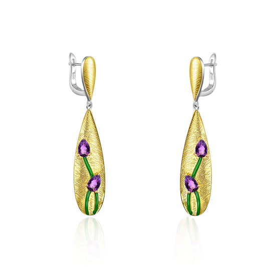 Italian Crafts Vintage Style Inlaid Natural Amethyst Tulips Silver Drop Earrings for Women