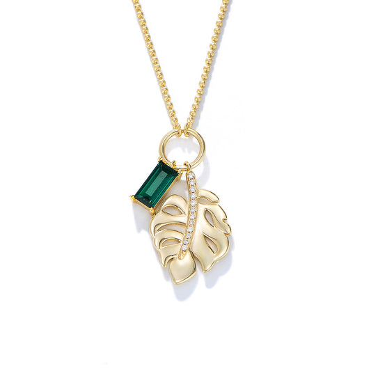 Leaf with Emerald Zircon Pendant Sterling Silver Necklace for Women