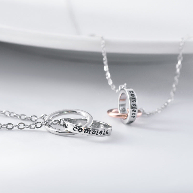 Double Circle Buckle with Letter Pattern Silver Couple Necklace for Women