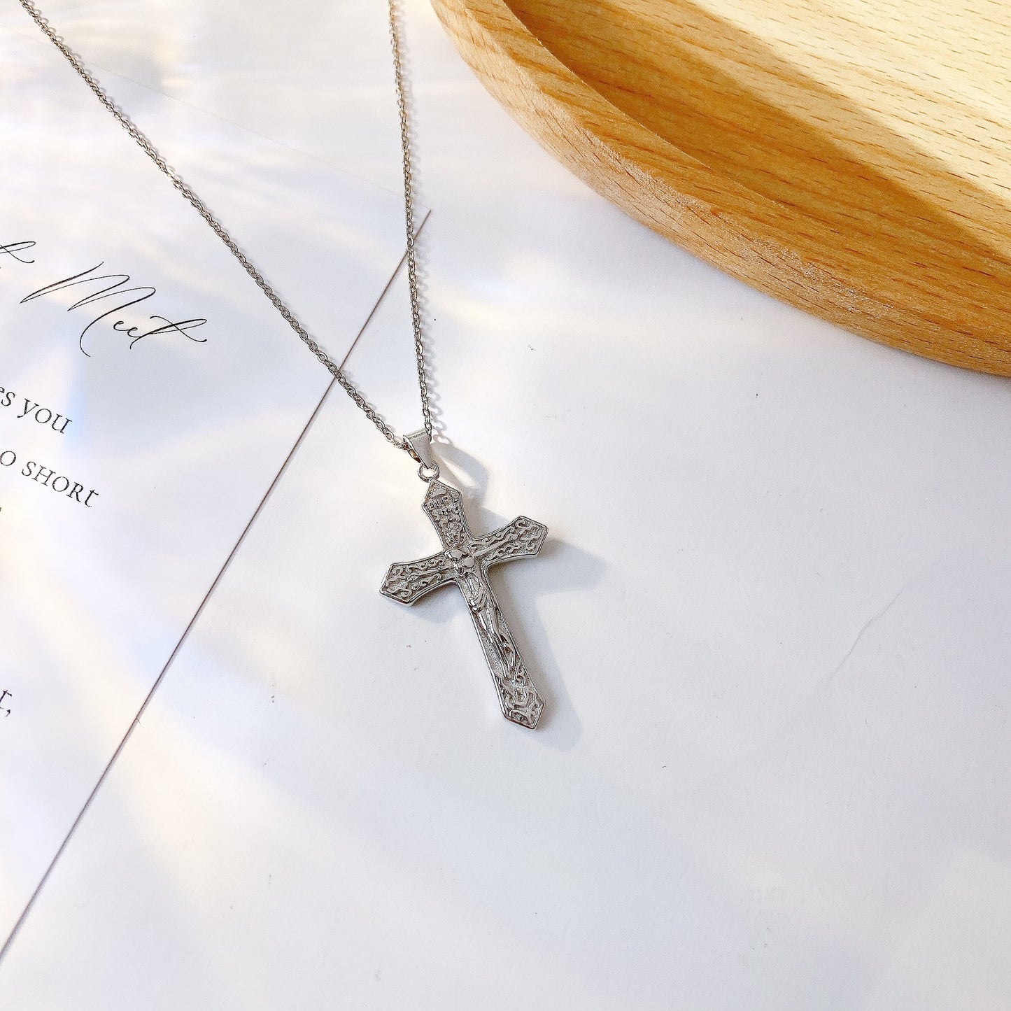 Jesus Cross with Decorative Pattern Pendant Silver Necklace for Women