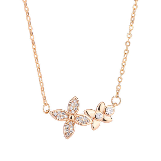 Double Lucky Clover with Zircon Pendant Silver Necklace for Women