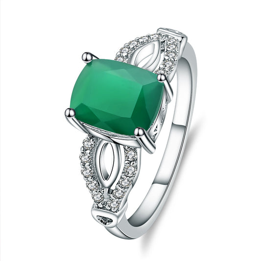 European Fashion Design Natural Green Agate Square Sterling Ring for Women