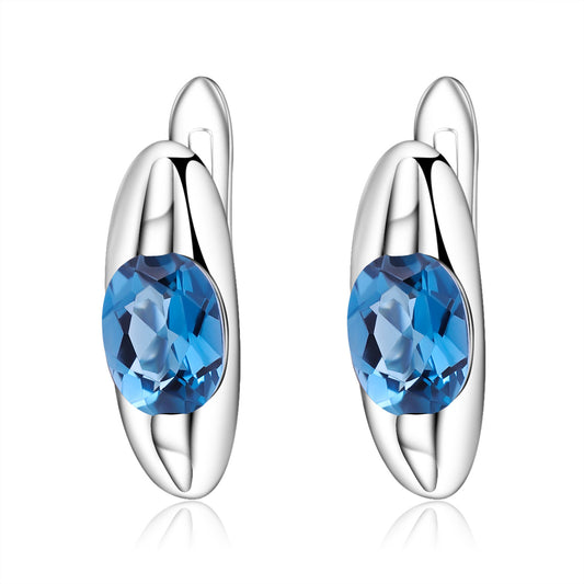 European Inlaid Natural Topaz Personality Oval Shape Silver Studs Earrings for Women