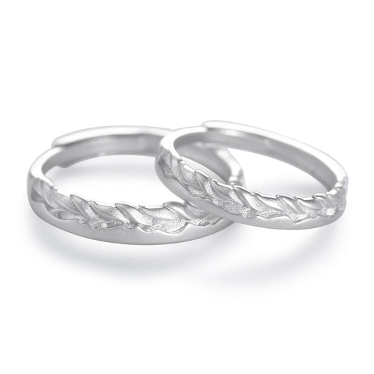 Wheat Ears Leaf Sandblasted Texture Silver Couple Ring