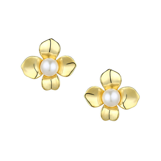 Flower with Freshwater Pearl Silver Studs Earrings for Women