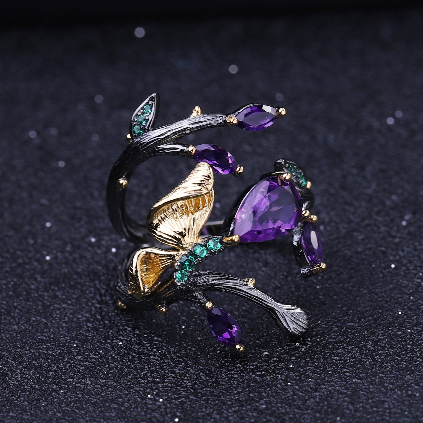 Butterfly Design Natural Amethyst S925 Silver Ring for Women
