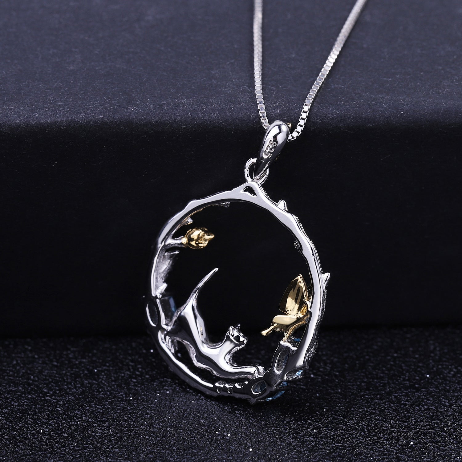 National Style Animal Design Natural Topaz Cat and Butterfly Pendant Silver Necklace for Women