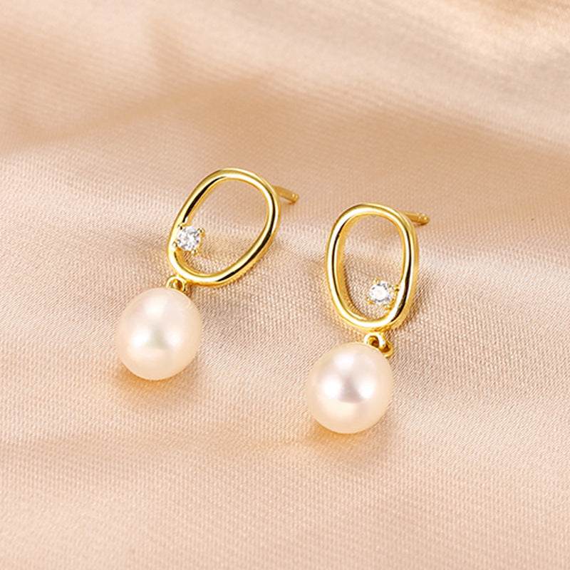 Irregular Hollow Oval with Freshwater Pearl Silver Drop Earrings for Women