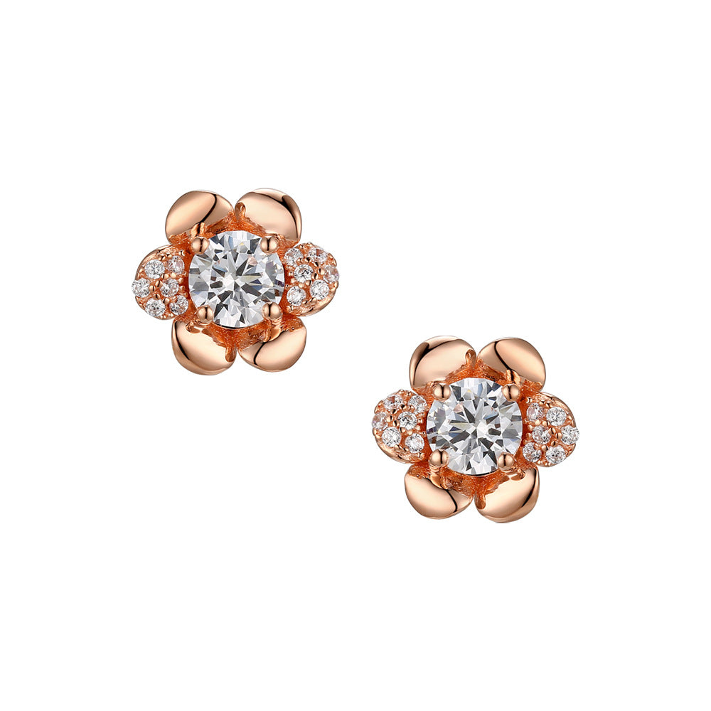 Round Zircon Camellia Silver Studs Earrings for Women