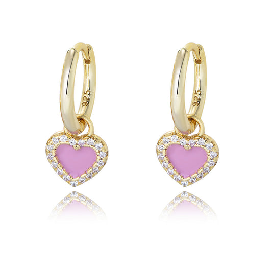 Pink Heart-shaped with Zircon Pendant Silver Drop Earrings for Women