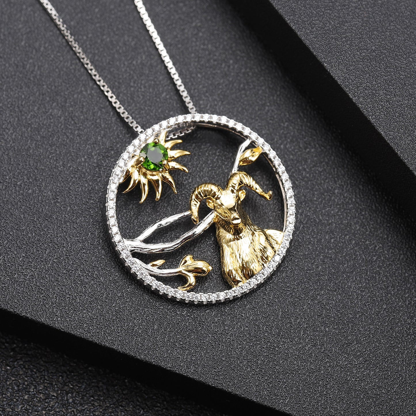 Chinese Style Element Design Zodiac Series Goat Natural Gemstone Pendant Silver Necklace for Women